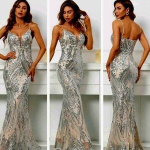 Silver, Graphic Print,  Sleeveless, V Neck ,  Backless, Contrast Sequined Gown